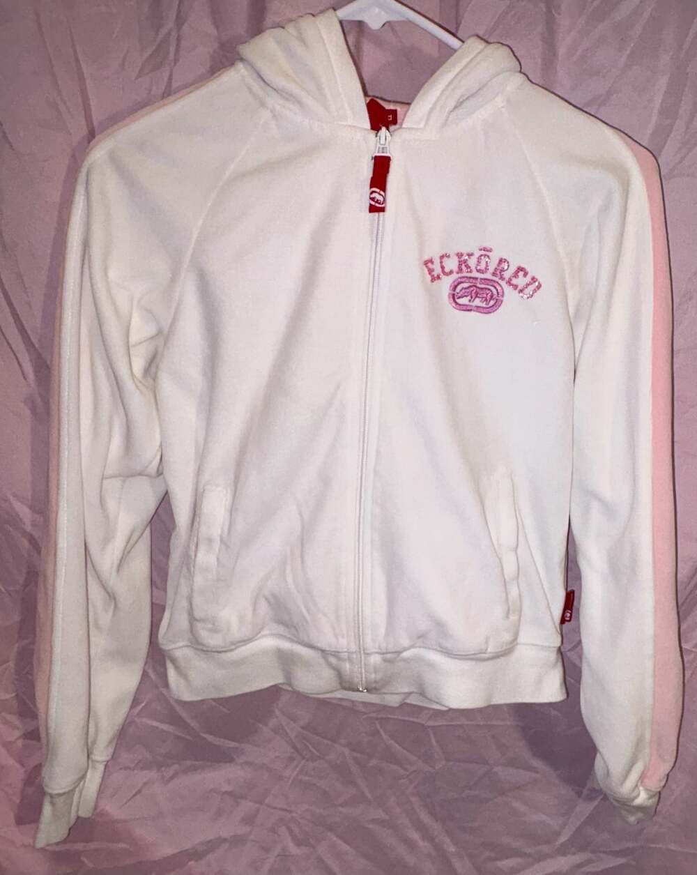 Ecko Red White and Pink Velour Tracksuit Zip Up Hoodie and Pants Set